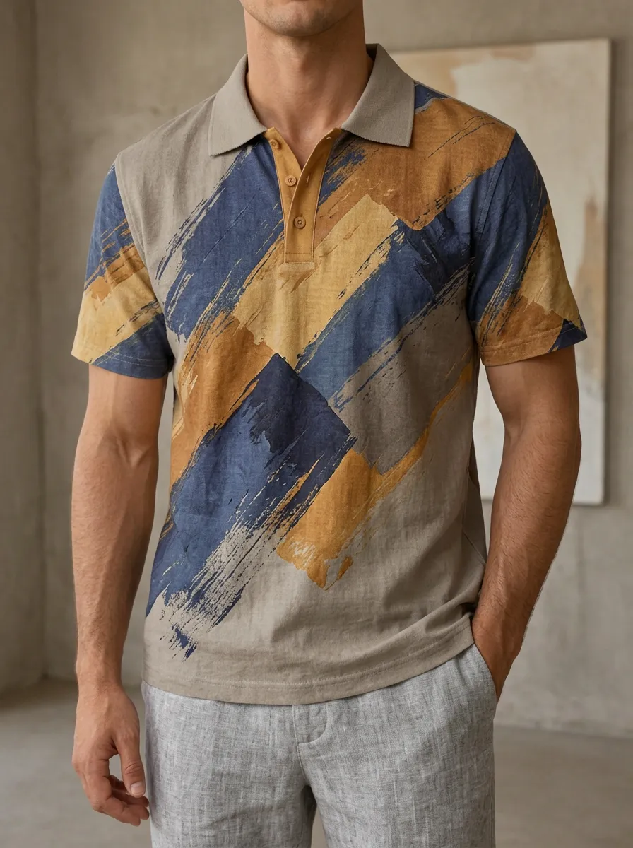Men's Abstract Art Brushstroke Printed Polo Shirt Leisure Casual Style