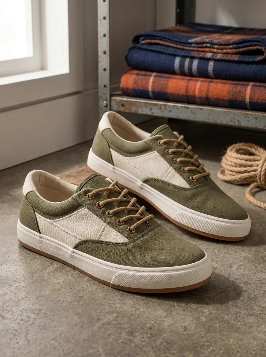 Men's Casual Olive Green Beige Colorblock Canvas Shoes