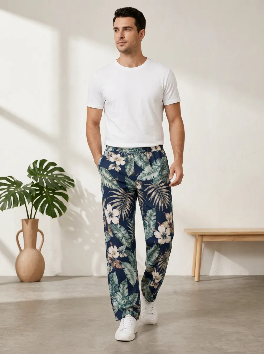 Men's Resort Inspired Printed Hibiscus Leaf Pants