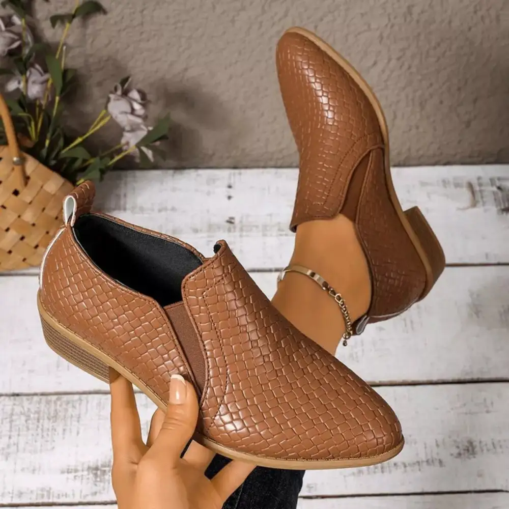 Textured Pointed Toe Block Heel Ankle Boots