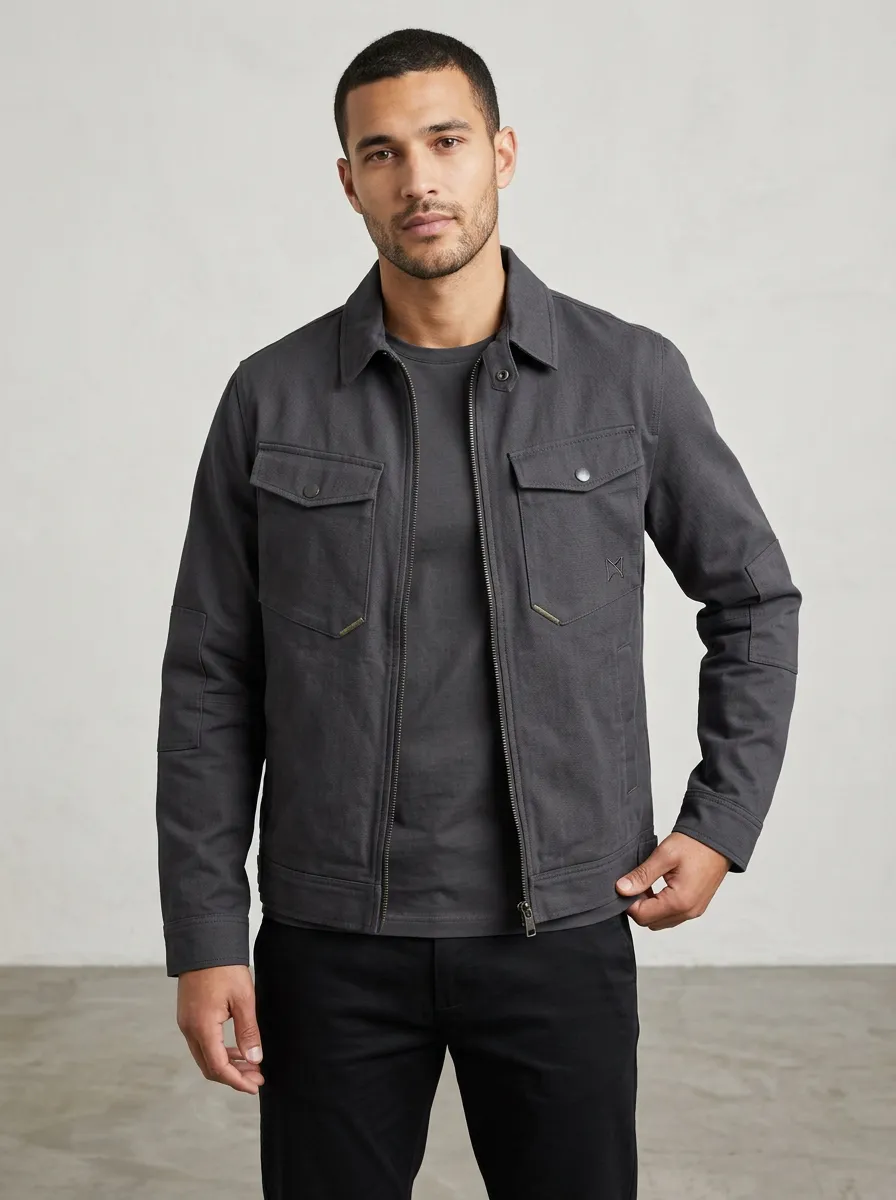 Men's Casual Minimalist Charcoal Utility Zip-Up Jacket