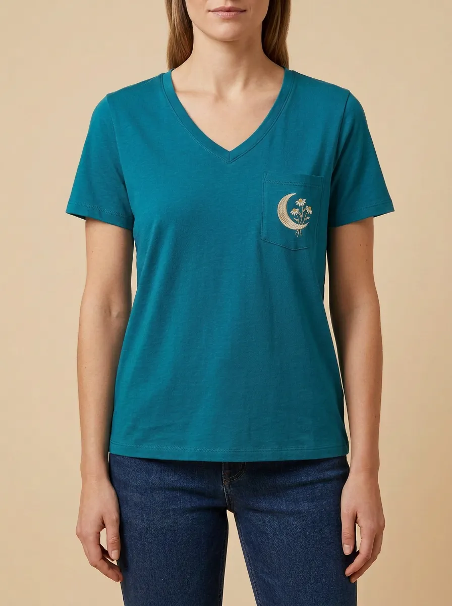 Women's Moon Embroidered Pocket V-Neck T-Shirt