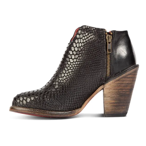Faux-Leather Snakeskin-Print Zip-Up Round-Toe Ankle Boots