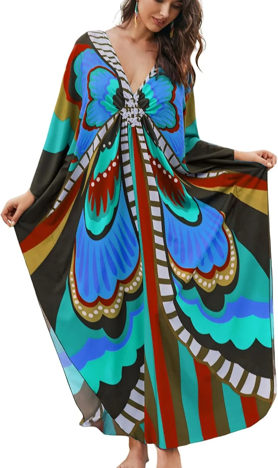 KECVOT Kaftan Dresses for Women Plus Size Batwing Sleeve Caftans Long Bathing Suit Cover Up Maxi Beach Dress Loungewear
