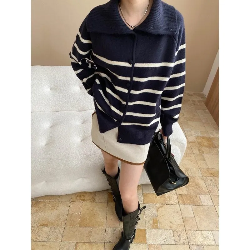 Contemporary Color Block Striped Collar Loose Cardigan Sweater