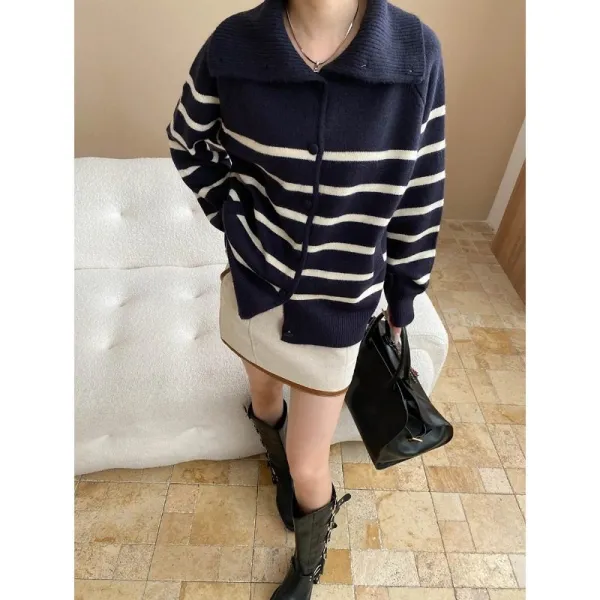 Contemporary Color Block Striped Collar Loose Cardigan Sweater