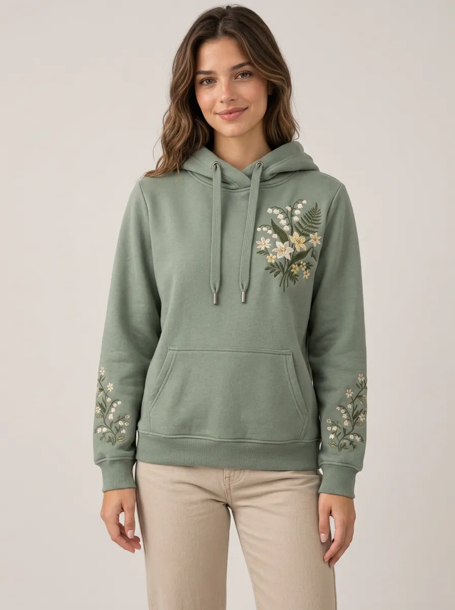 Women's Botanical Lily Embroidered Nature Inspired Hoodie