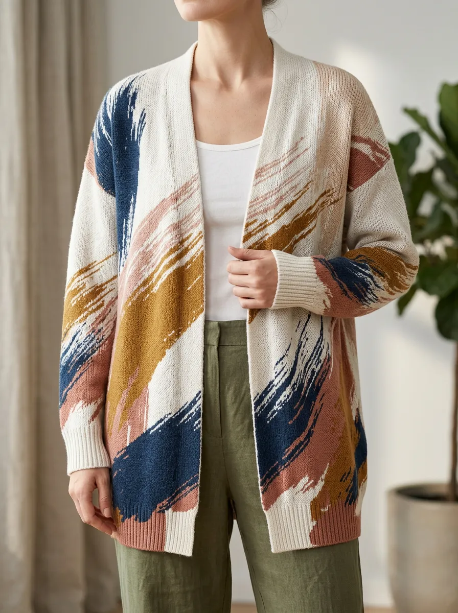 Women's Abstract Art Brushstroke Printed Open Front Everyday Layering Cardigan