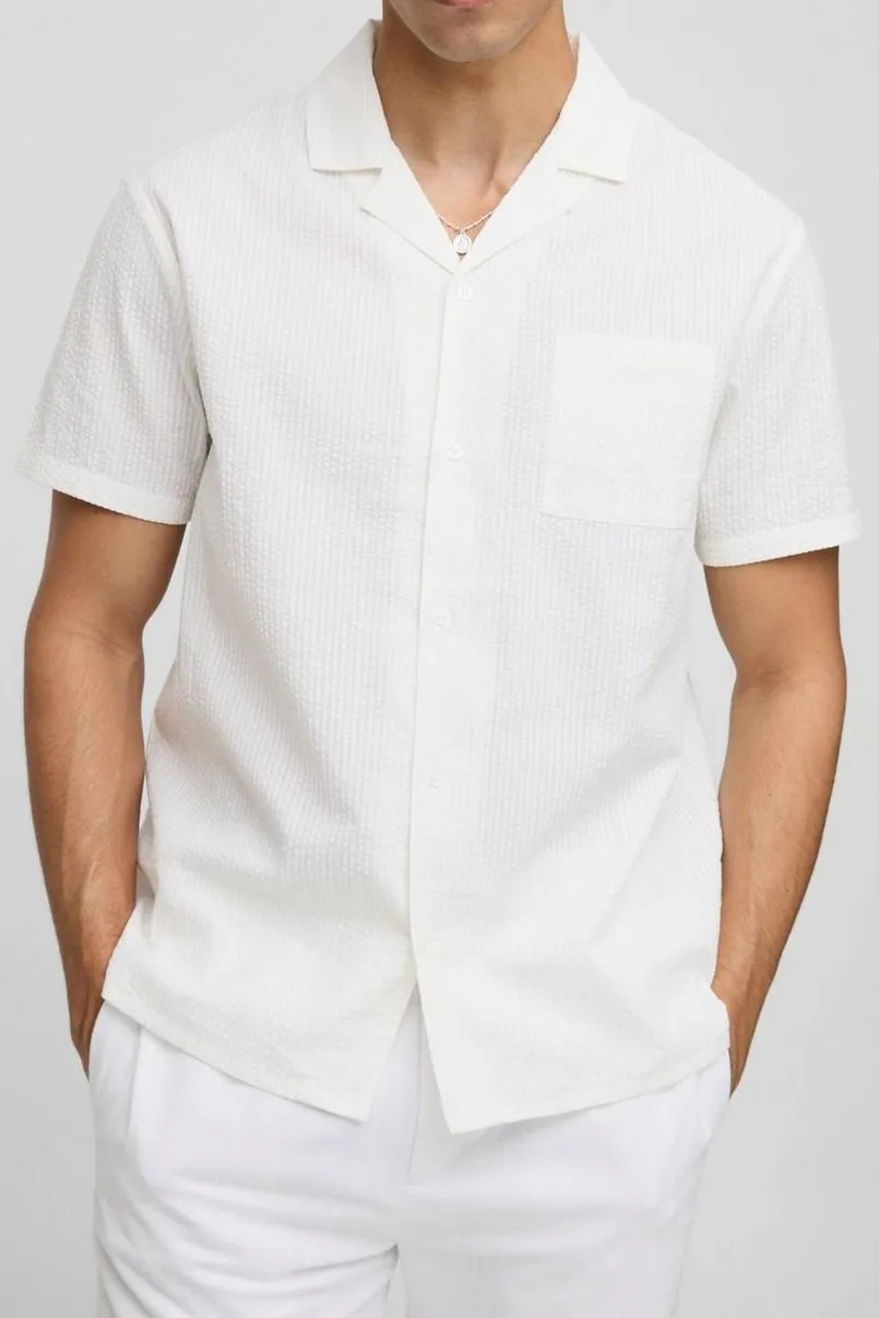 Off White Short Sleeve Textured Shirt With Pocket