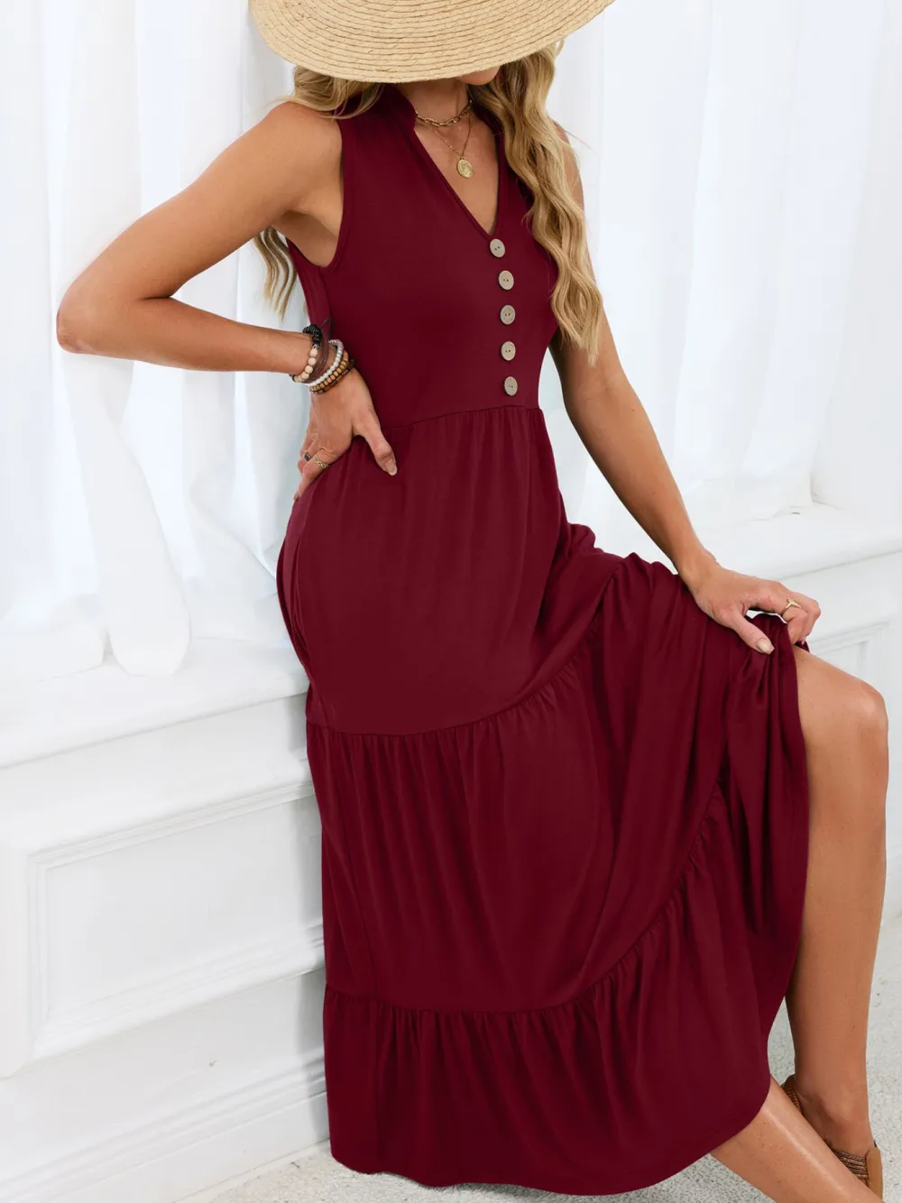 Sleeveless Notched Tiered Midi Dress