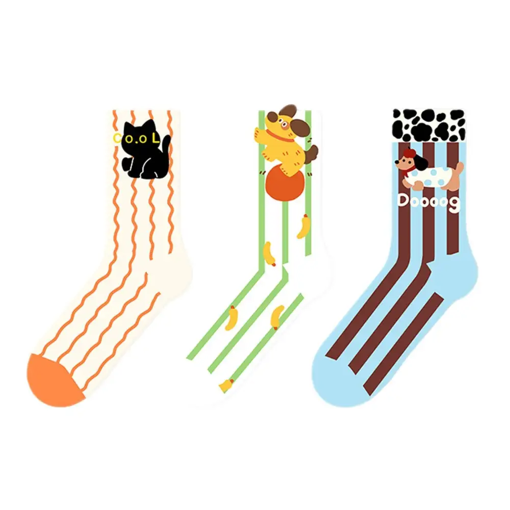 Wavy Stripe Cat Print Crew Socks