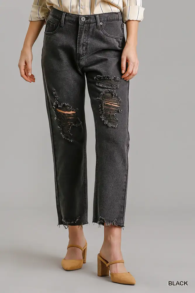 Pockets Non-stretch Straight Cut Distressed Denim Jeans with Raw Hem