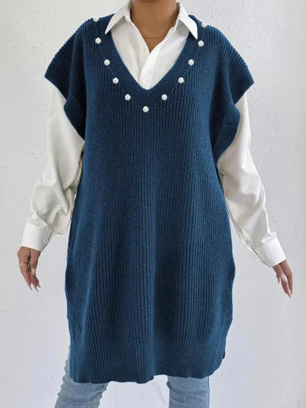 V Neck Slit Sweater Dress