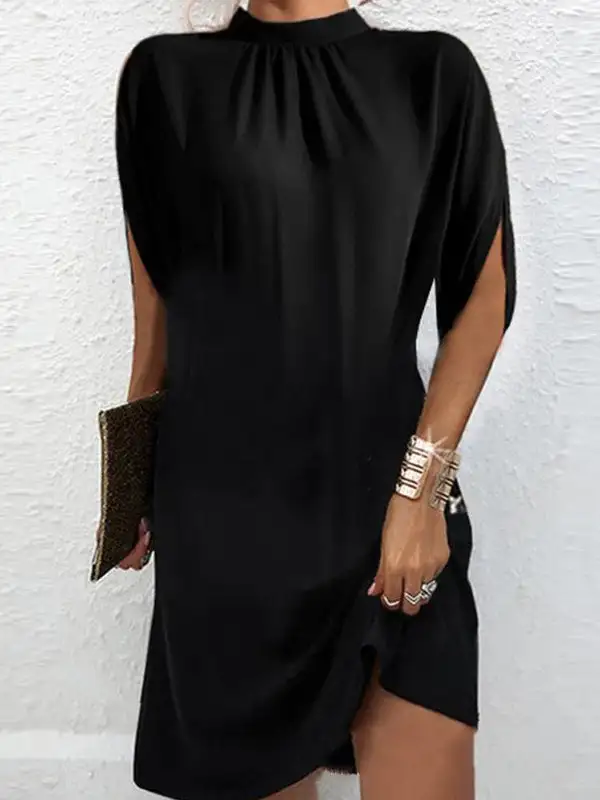 Relaxed Raglan Sleeve Solid Color Mock Neck Mini Dress