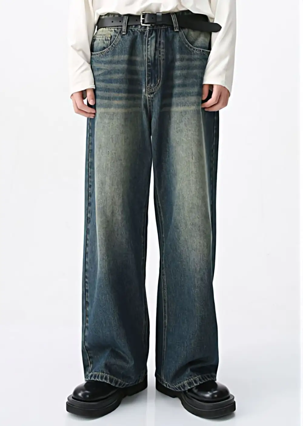 Wide-Leg Vintage-Wash Two-Tone Jeans