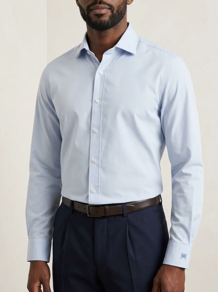 Men's Non-Iron Cotton Light Blue Embroidered Cuff Dress Shirt