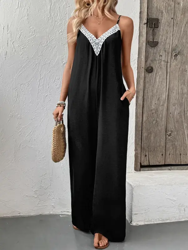 Lace Trim V Neck Wide Leg Jumpsuit