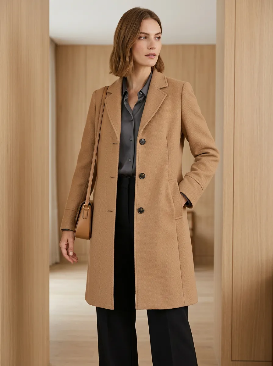 Women's Minimalist Camel Solid Buttoned Wool Blend Coat