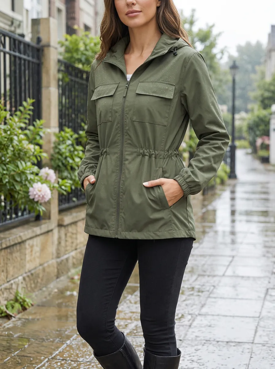 Women's Olive Green Hooded Utility Waterproof Jacket with a Hood