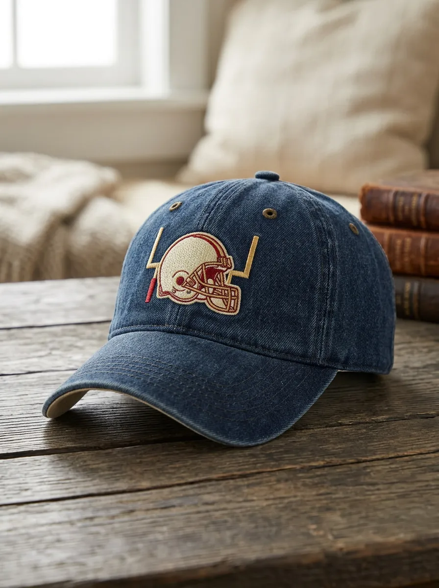 Men's Football Fan Helmet Goalpost Embroidered Denim Cap