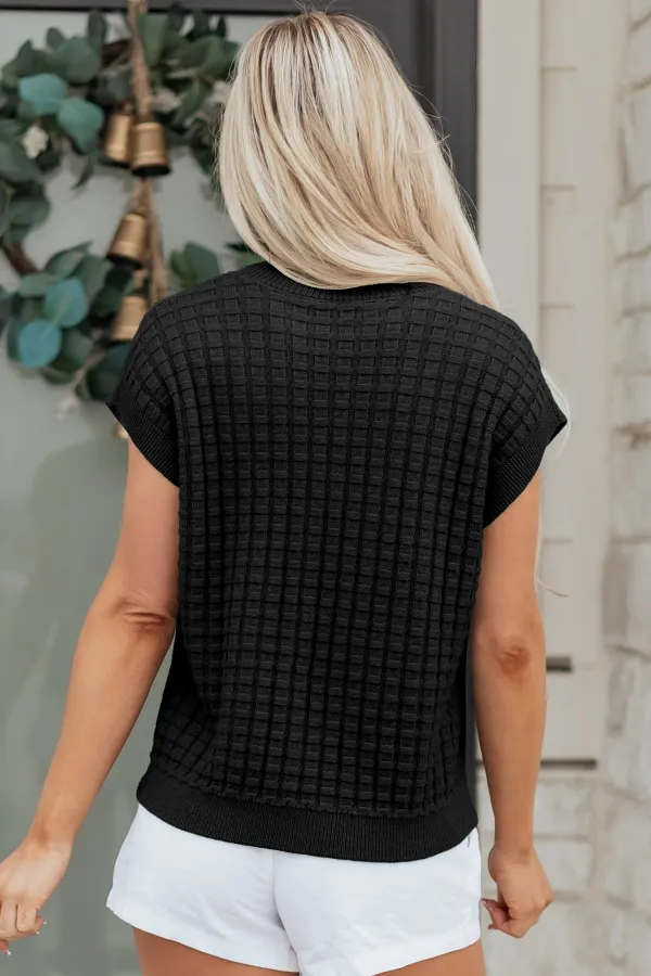 Black Round Neck Textured Short Sleeve Top