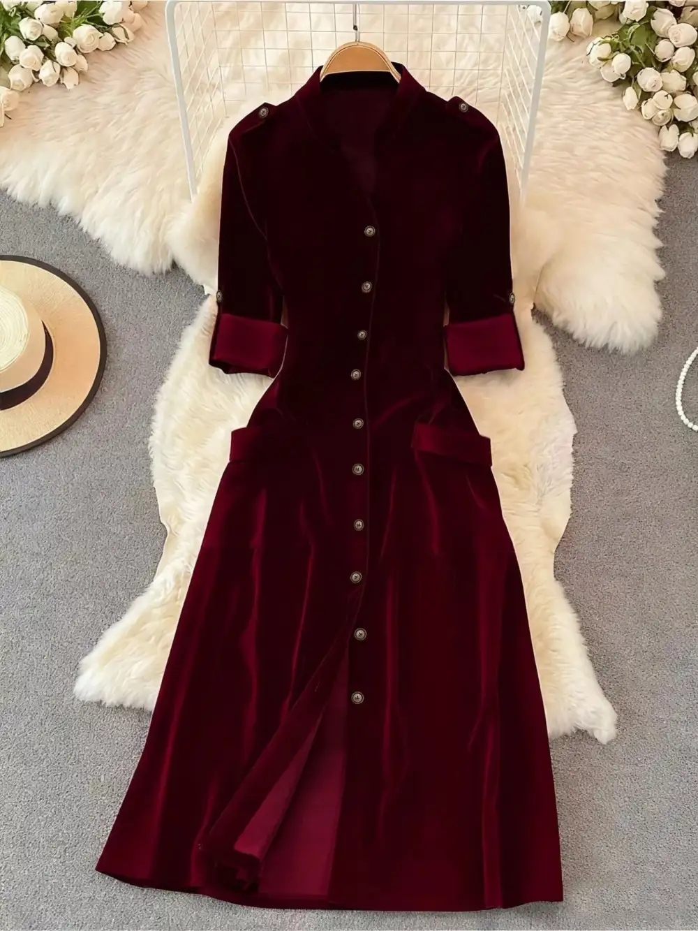 Velvet Button-Down Midi Dress