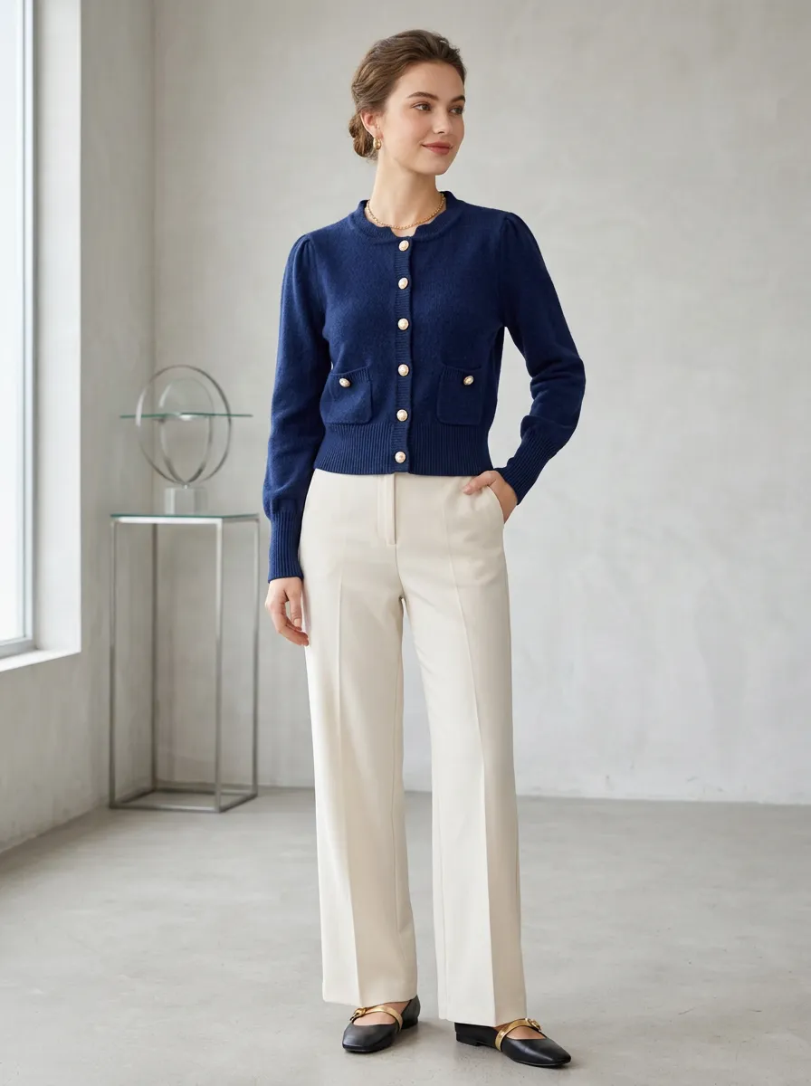 Women's Navy Blue Gold Button Pocket Knit Cardigan