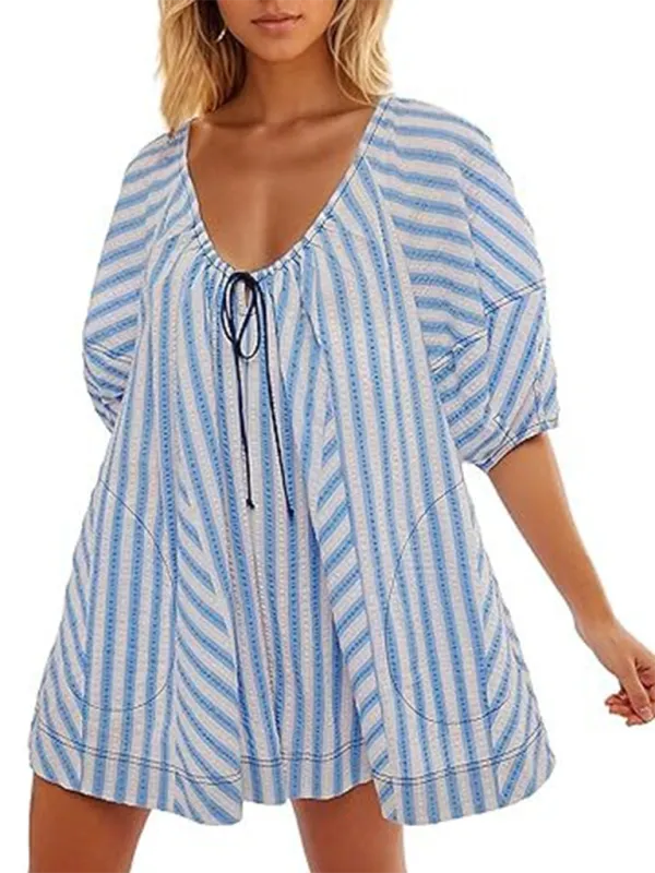 Short Sleeved Striped Jumpsuit Slim Loose Shorts