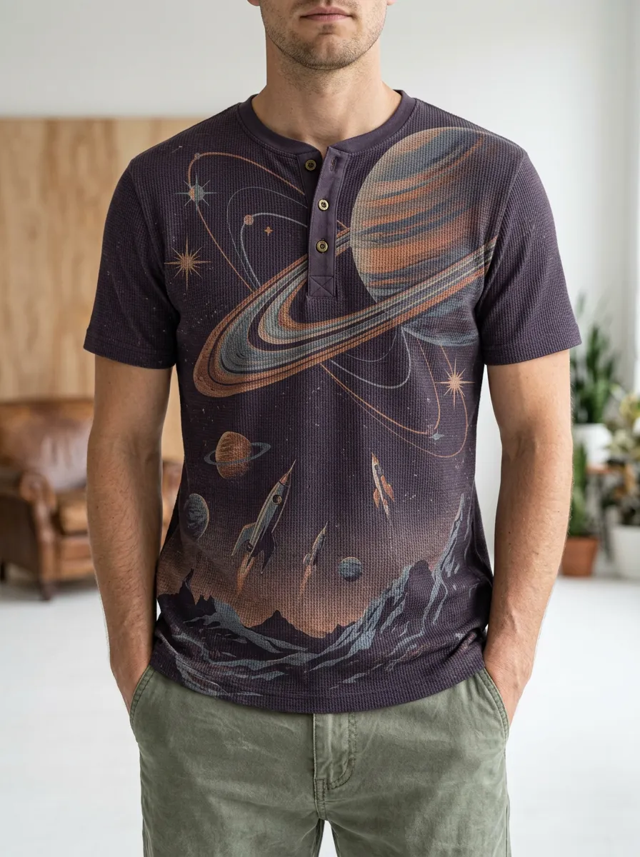 Men's Space Galaxy Rocket Printed Henley T-shirt