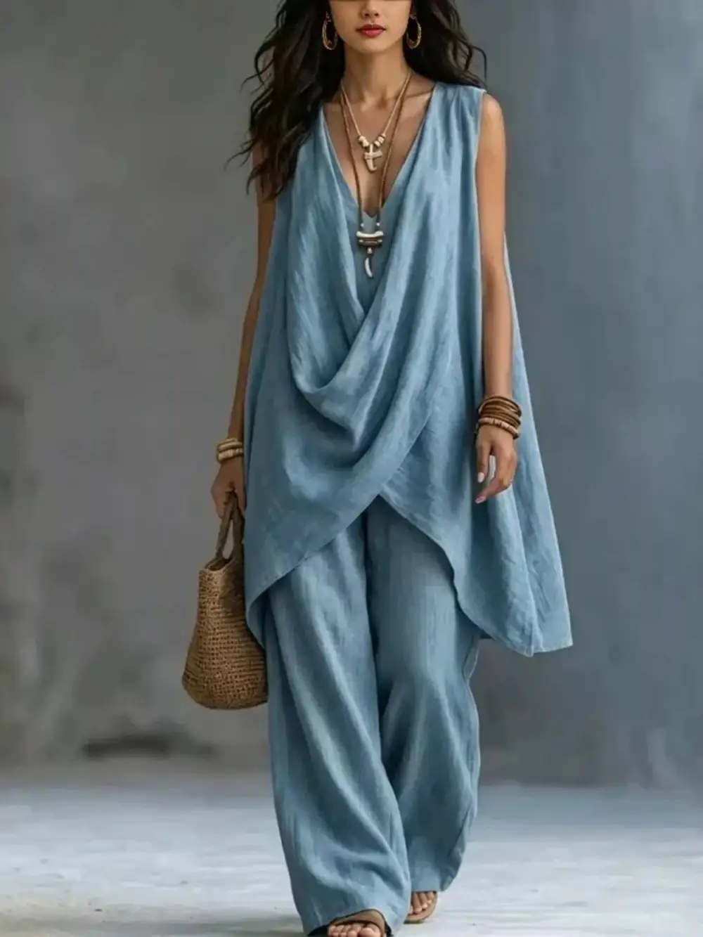 Sleeveless Asymmetrical Top and Wide Leg Pants Set