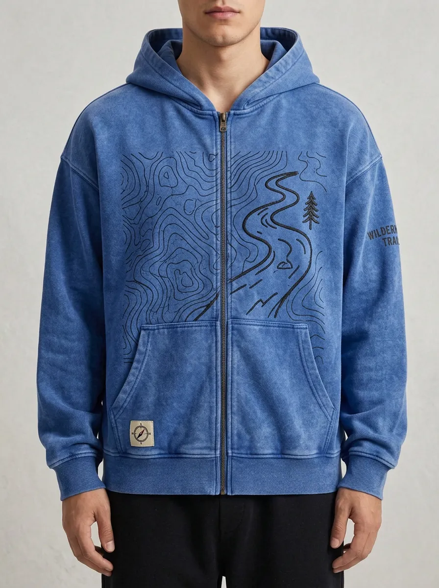 Men's Wilderness Trail Hiking Topographic Printed Zip Hoodie