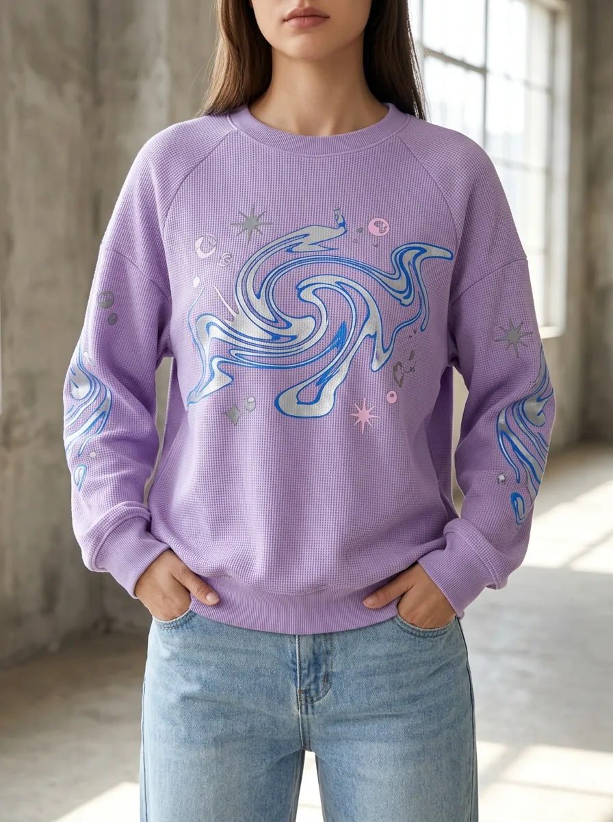 Women's Y2K Celestial Swirl Printed Waffle Knit Sweatshirt
