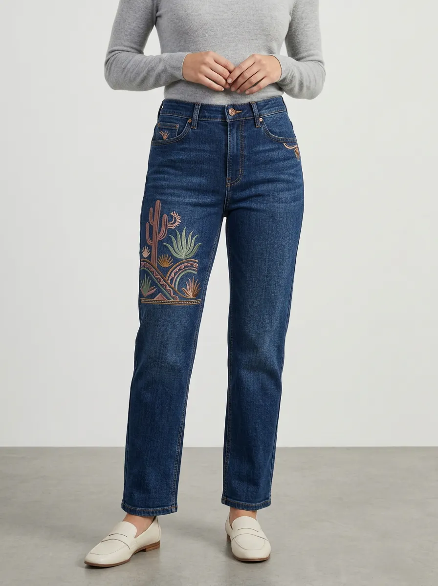 Women's Desert Cactus Western Embroidered Straight Leg Jeans