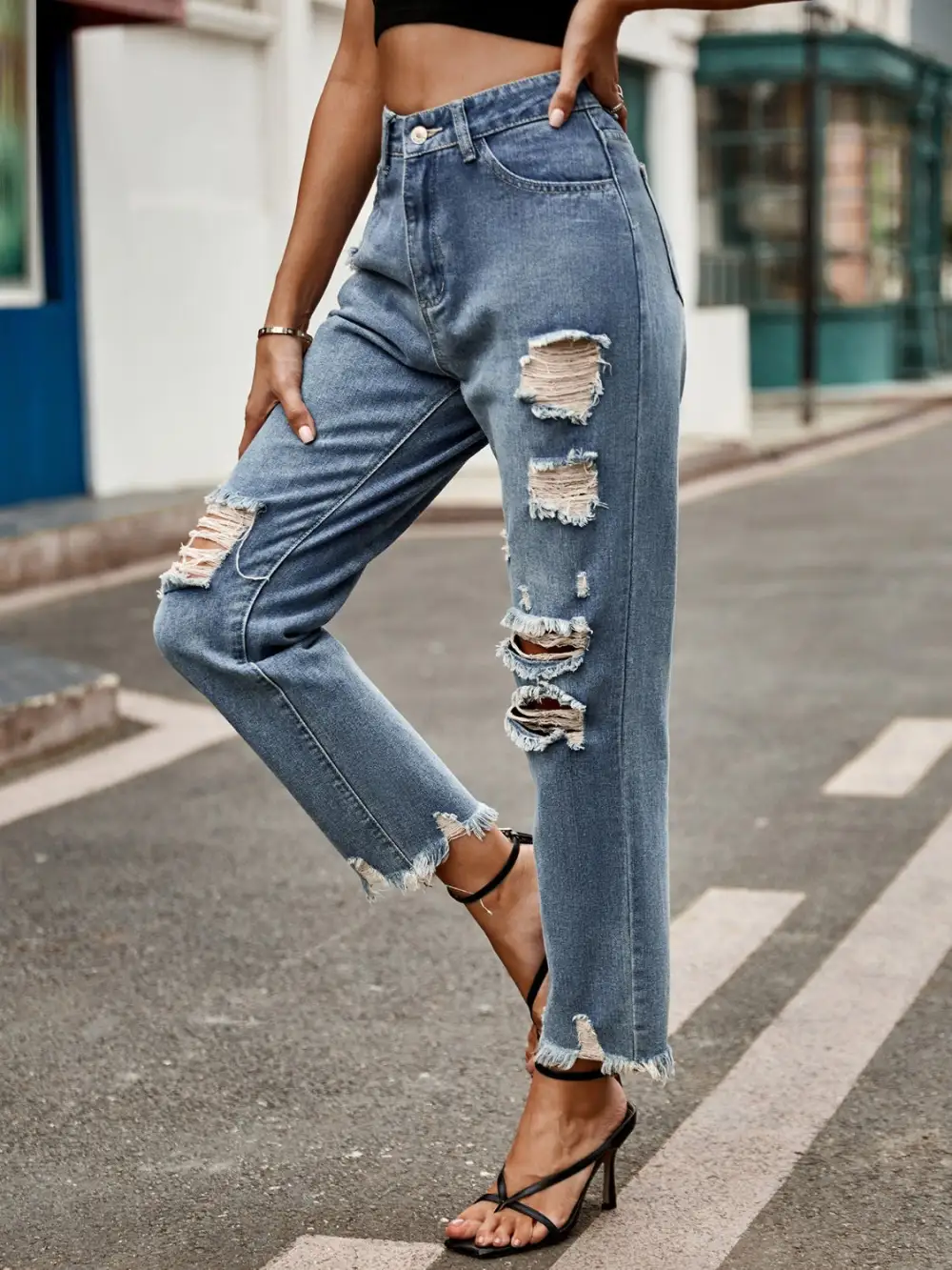 Distressed Raw Hem Pocket Denim Jeans