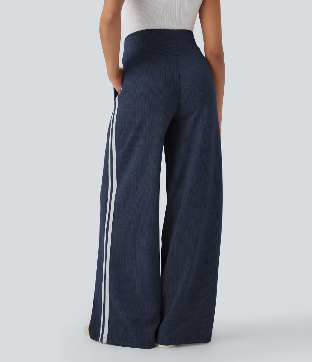 2026🔥  Ribbed SoCinched High Waisted Tummy Control Drawstring Wide Leg Color Block Casual Trousers with Pockets