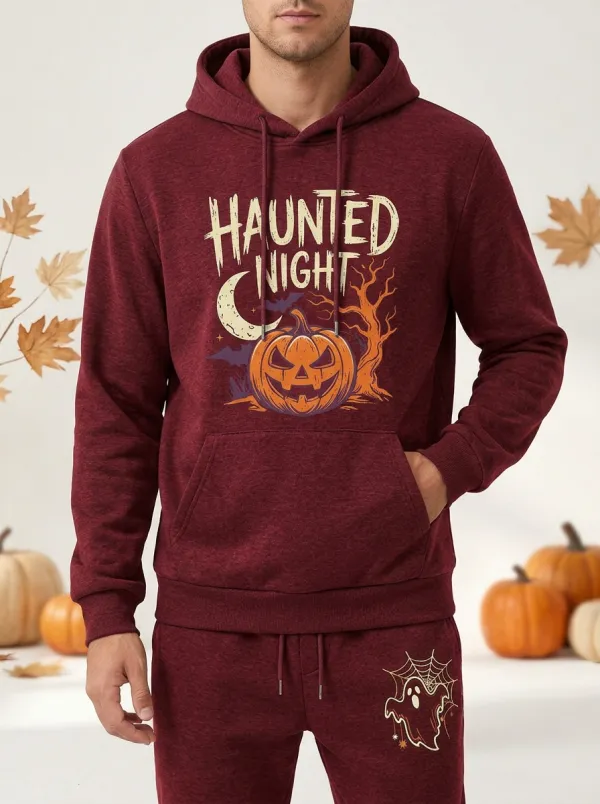 Men's Halloween Charcoal Haunted Night Pumpkin Ghost Spiderweb-Sleeve Hoodie Jogger Set