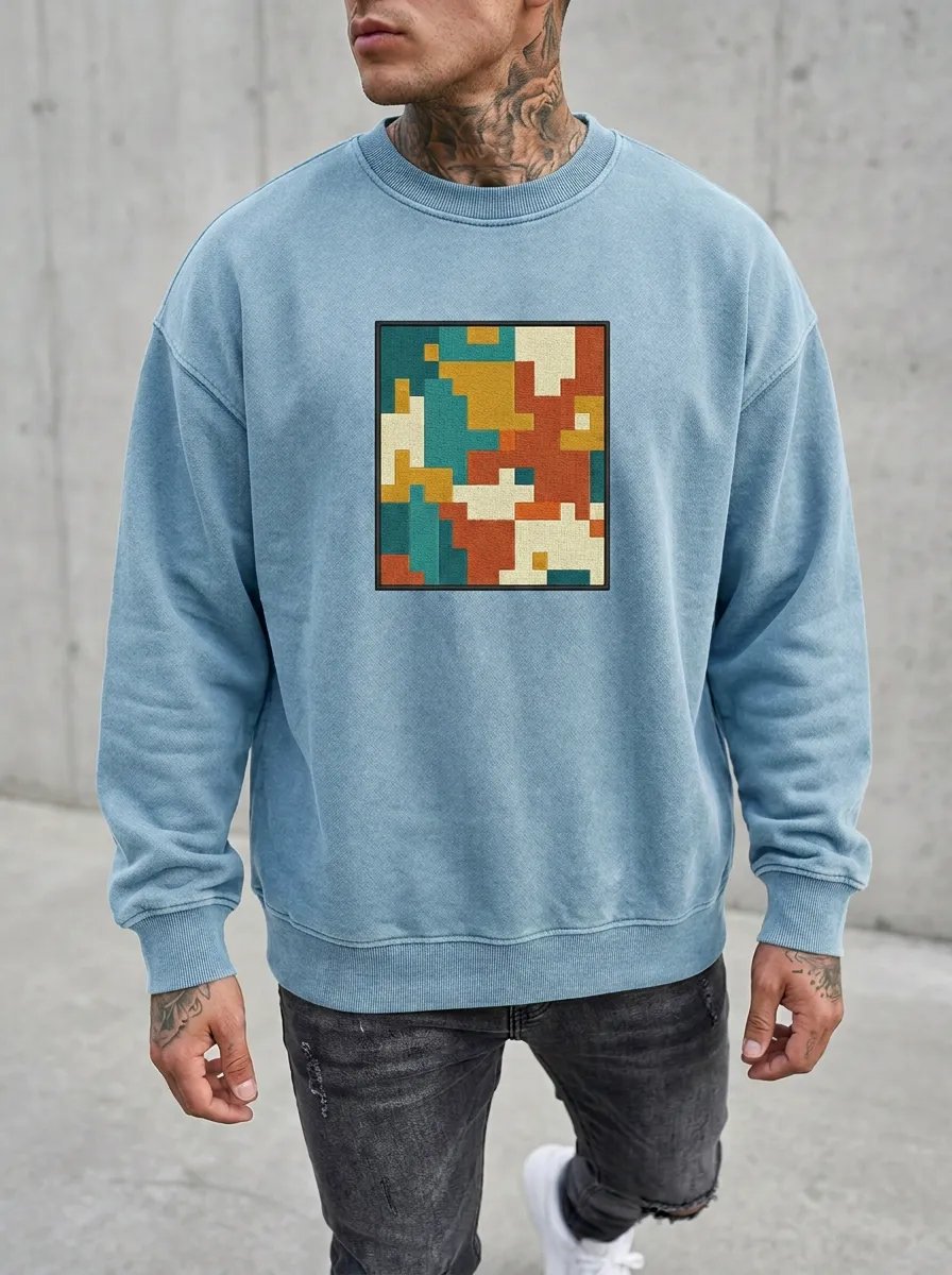 Men's Retro Pixel Art Geometric Pattern Printed Sweatshirt