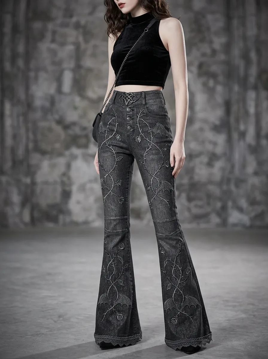 Shadow Bat Rose Wing Street Look Women's Gothic Flare Pants