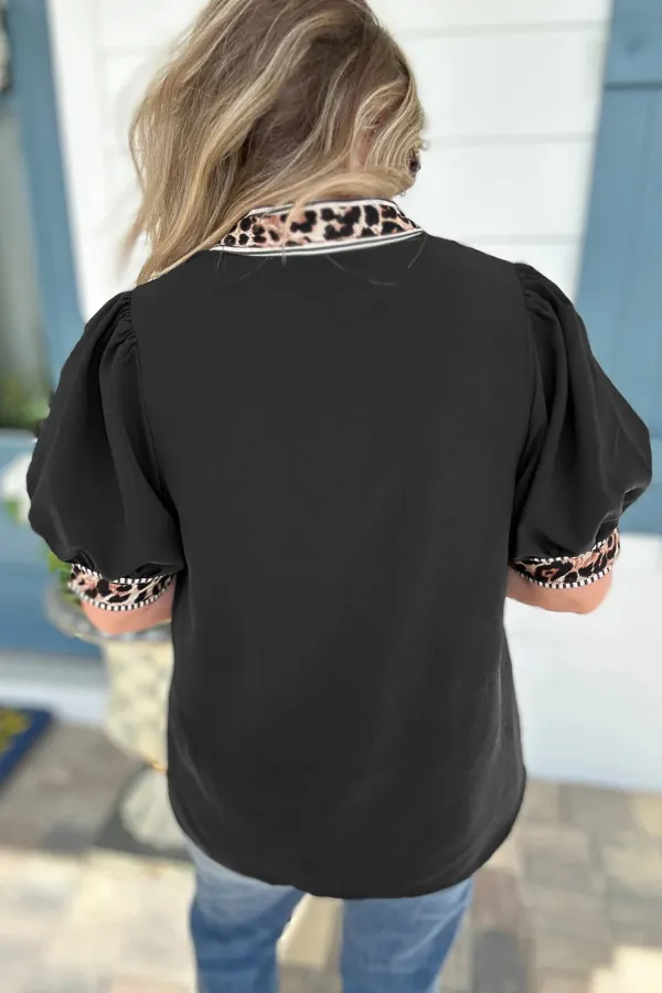 Black V Neck Short Puff Shirt