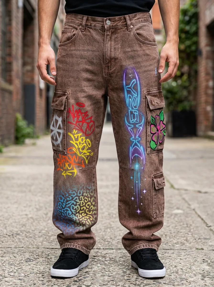Men's Streetwear Y2K Graffiti Neon Flower Graphic Cargo Jeans