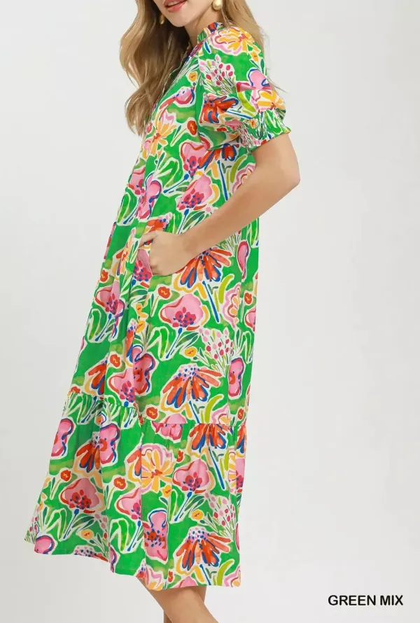 Puff Sleeve Tiered Midi Dress