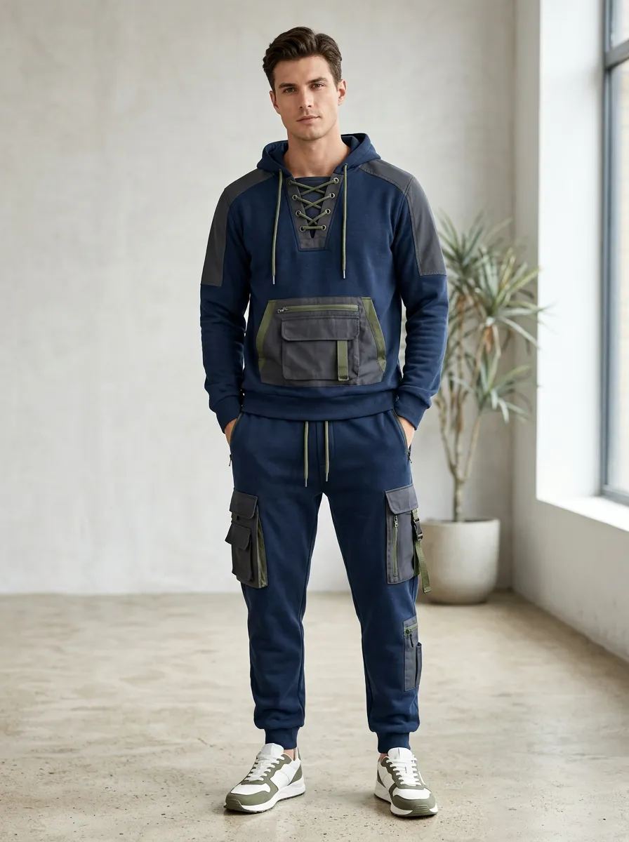 Core Lace-Up Multi Pocket Fit Men's Lace Up Hoodie And Cargo Jogger Set