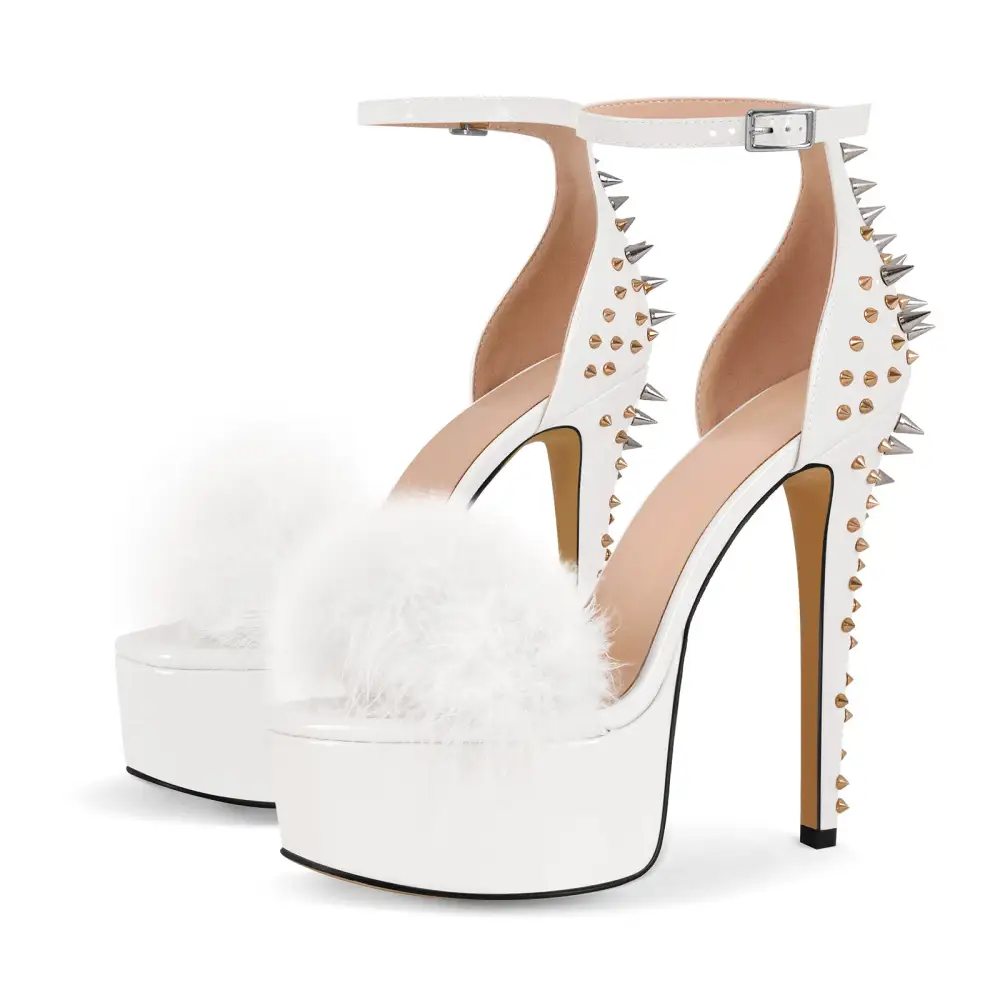 Fur Platform Rivet Ankle Strap Stiletto Sandals