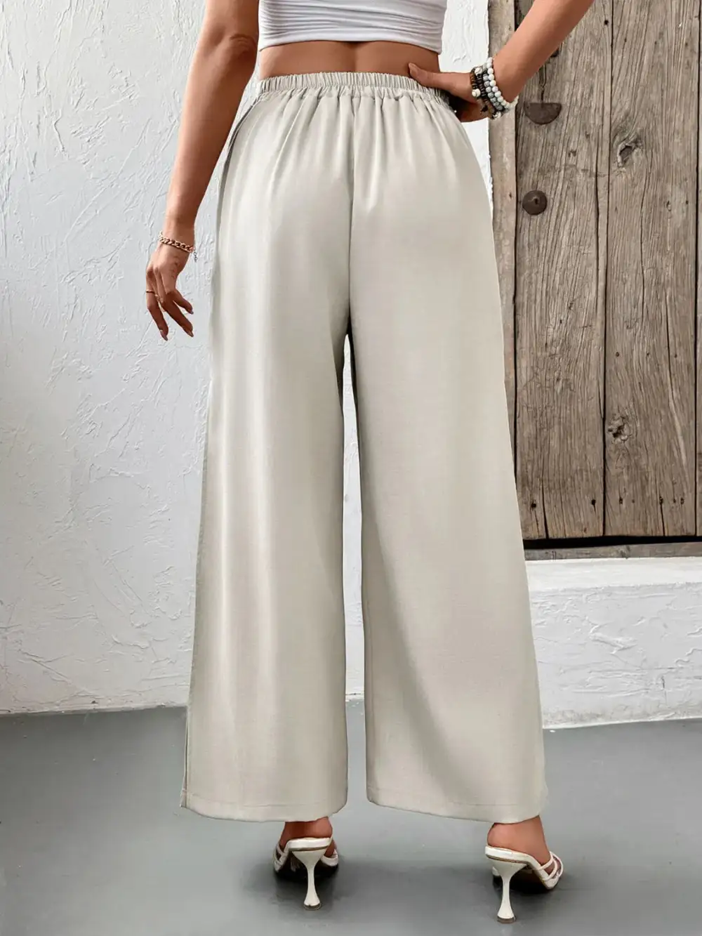 Wide Leg Pleated Slit Detail Pocketed Pants
