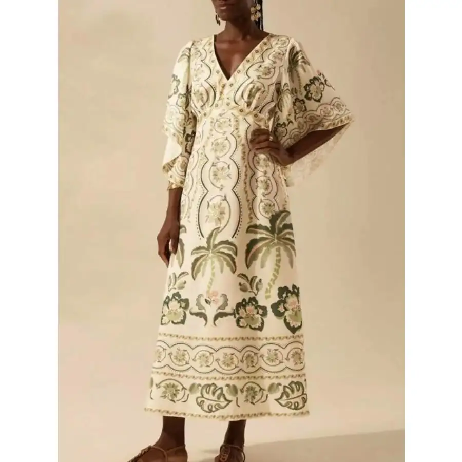 Palm Print V-neck Midi Dress