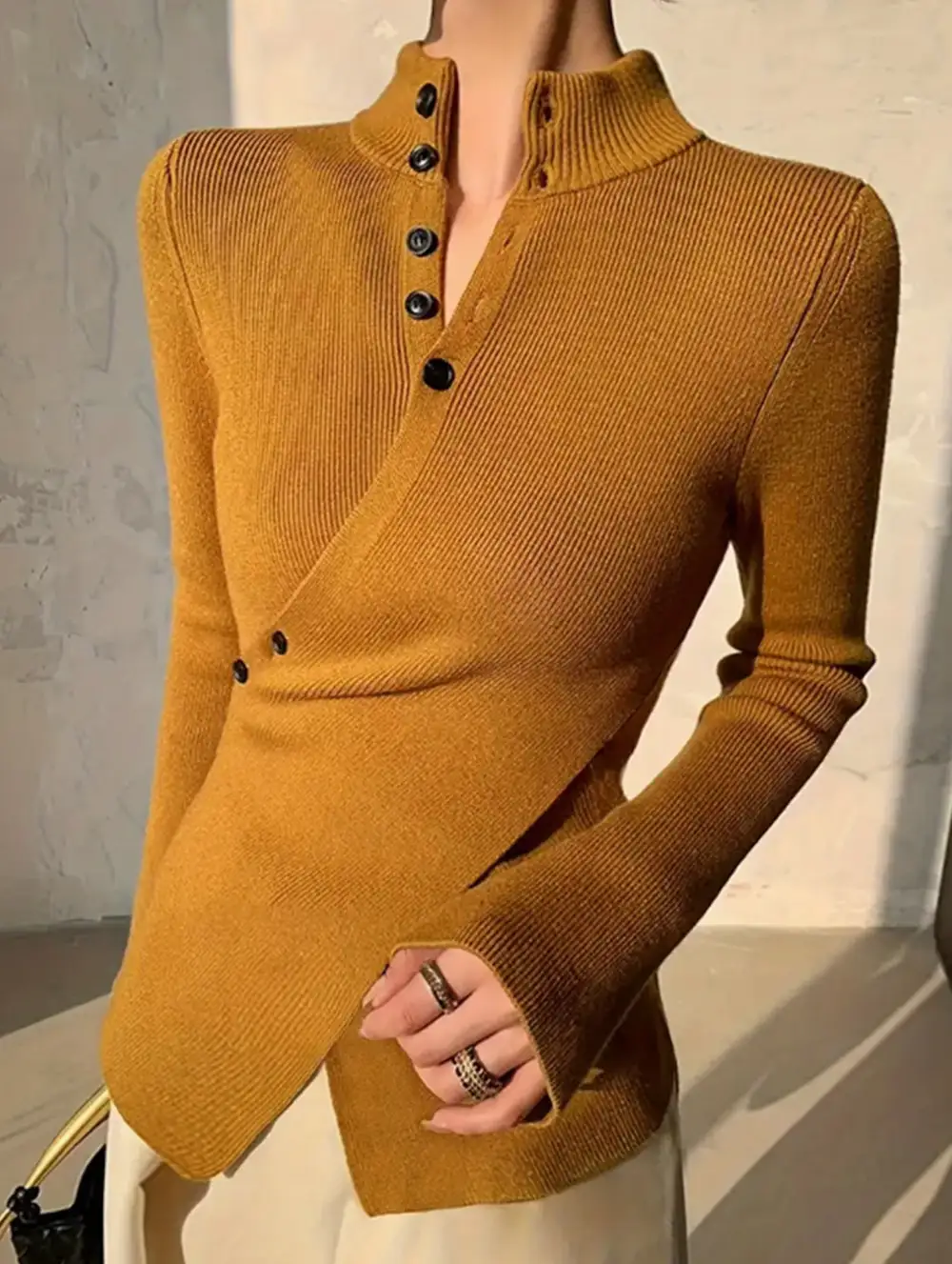Asymmetric High Neck Knit Top Long Sleeve Tee