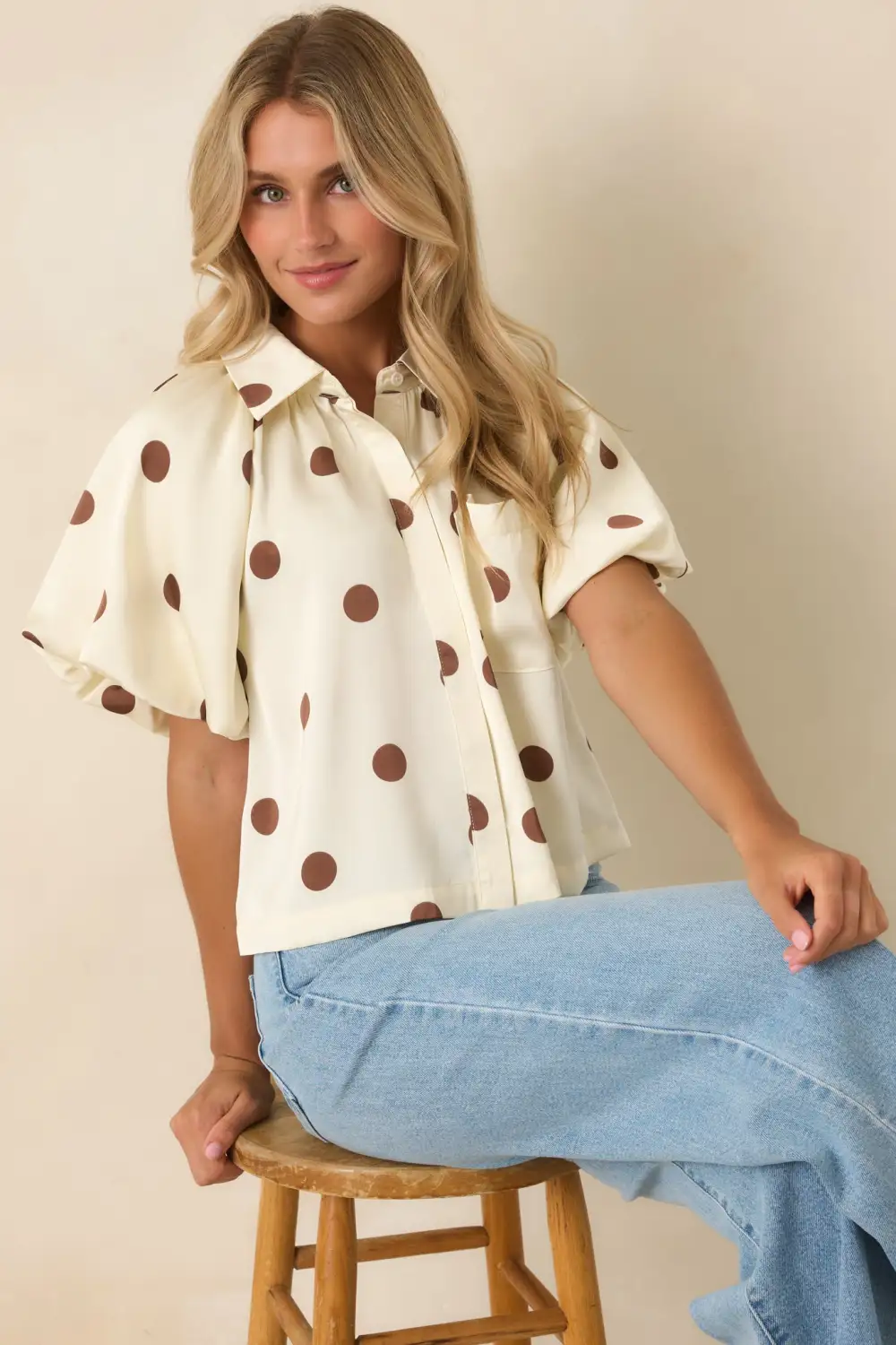 Button-Front Short-Sleeve Puff-Sleeve Polka-Dot Blouse
