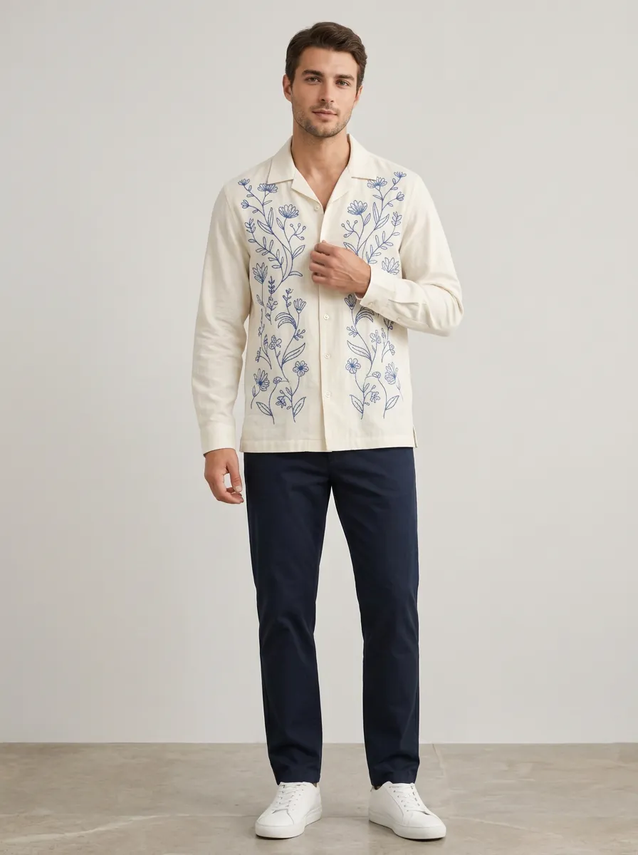Men's Refined Botanical Embroidered Long Sleeve Shirt