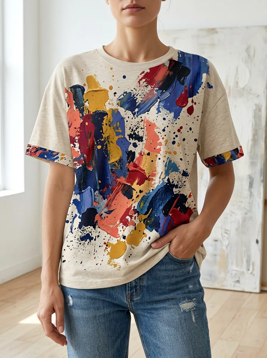 Women's Layered Abstract Art Lover Paint Splatter Crew Neck T-Shirt