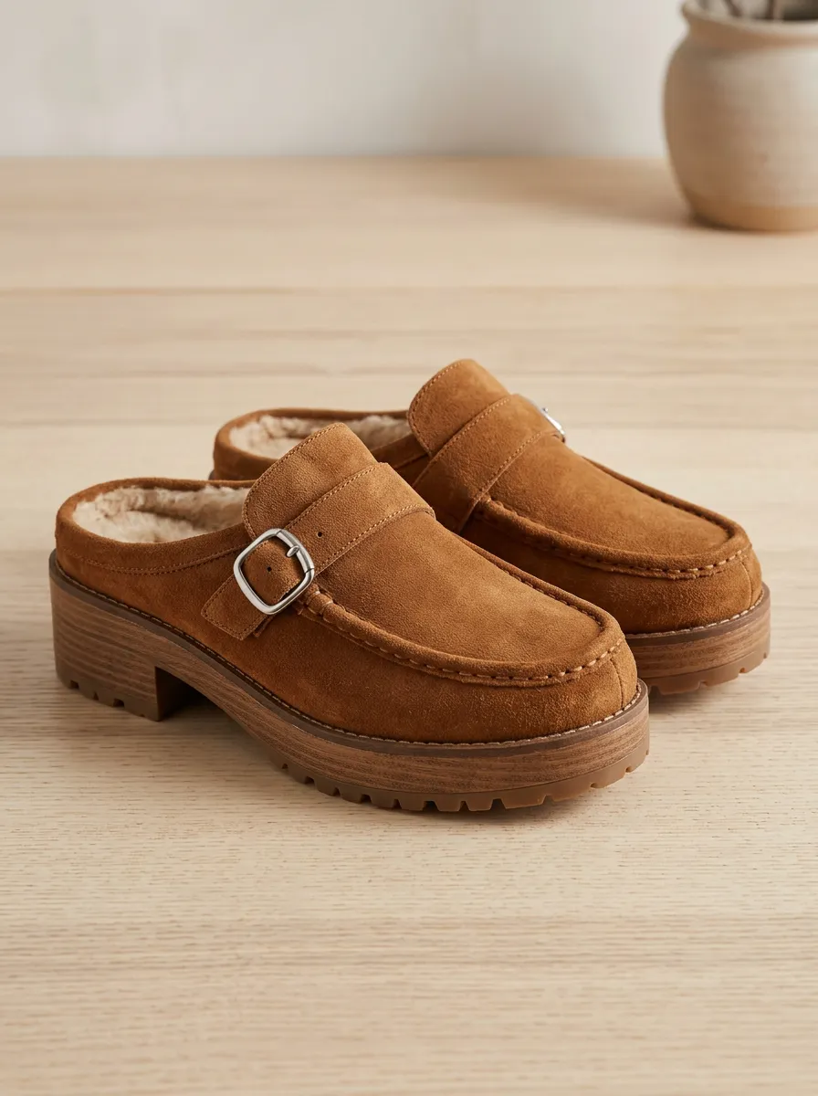 Women's Classic Faux Fur Lined Buckle Detail Clog Style Casual Suede Wood Sole Loafers